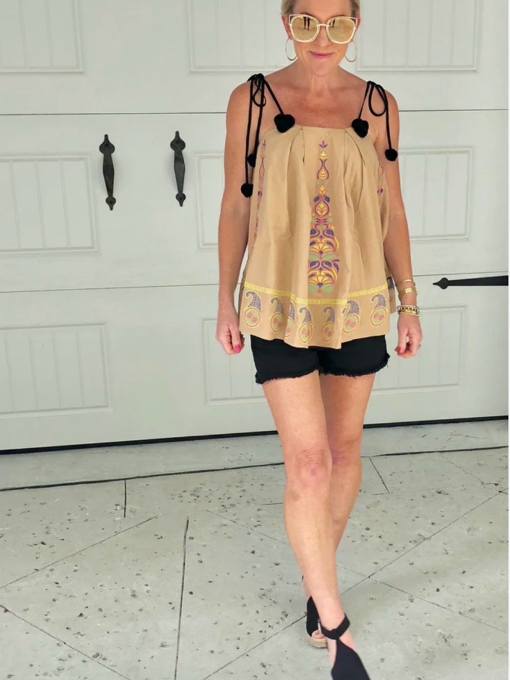 Endless Rose Beige Embroidered Tie-Shoulder Camisole with Black Straps